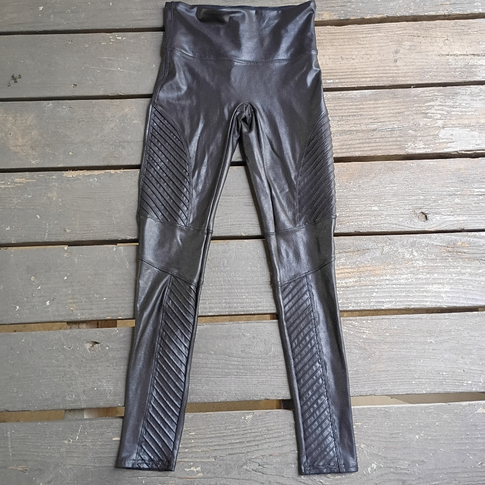 Spanx Moto Black High Rise Faux Leather Leggings Women's Medium - Picture 2 of 7